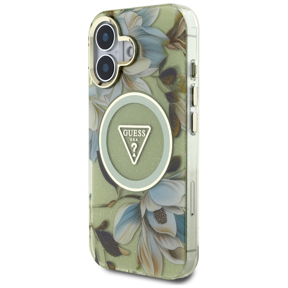 Θήκη MagSafe για Apple iPhone 16, Guess, IML Metal Glitter Flowers Triangle, Πράσινο