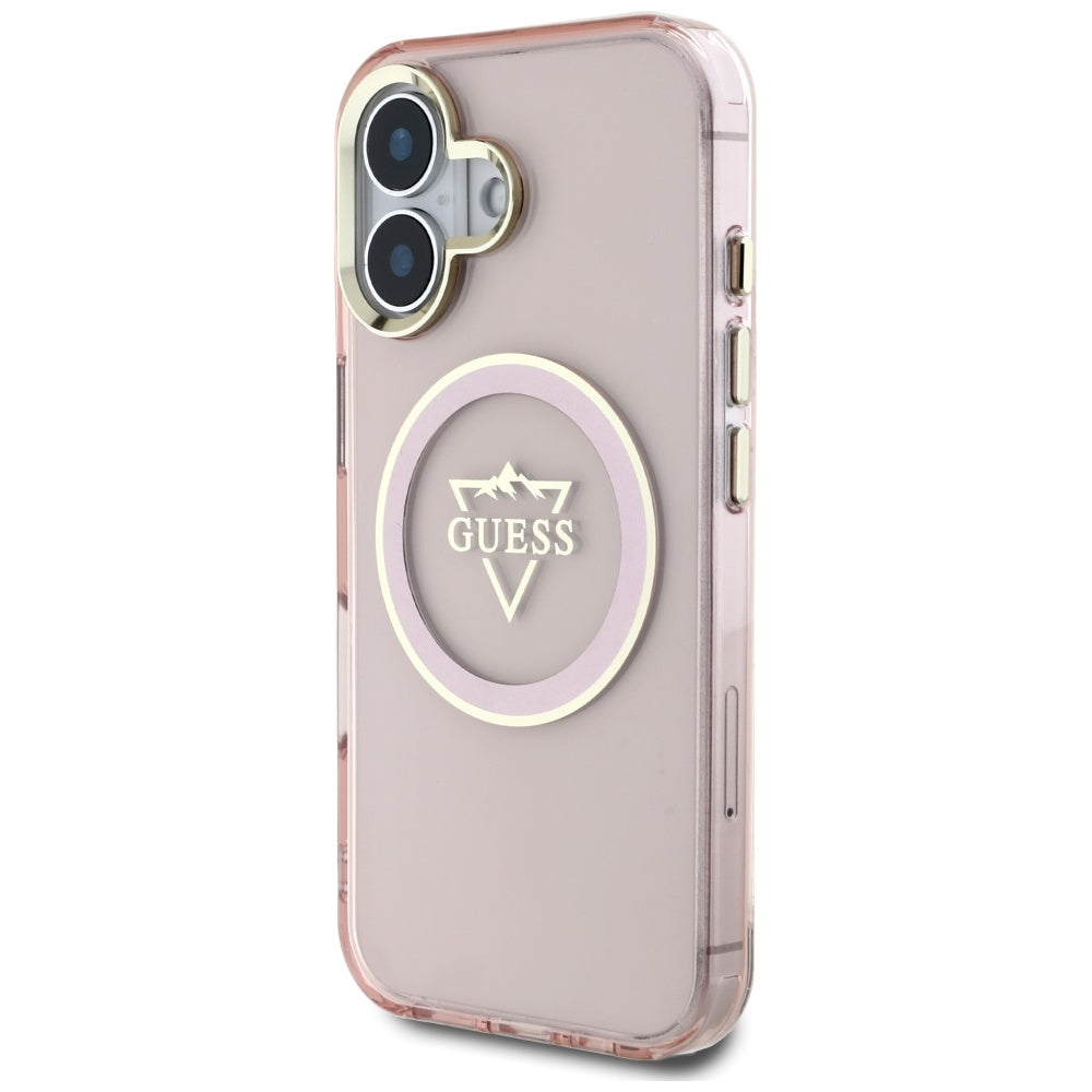 MagSafe Case for Apple iPhone 16, Guess, IML Metal Mountain Logo, Pink