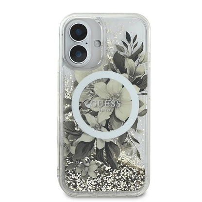 Θήκη MagSafe για Apple iPhone 16, Guess, Liquid Glitter Flower, Μπεζ