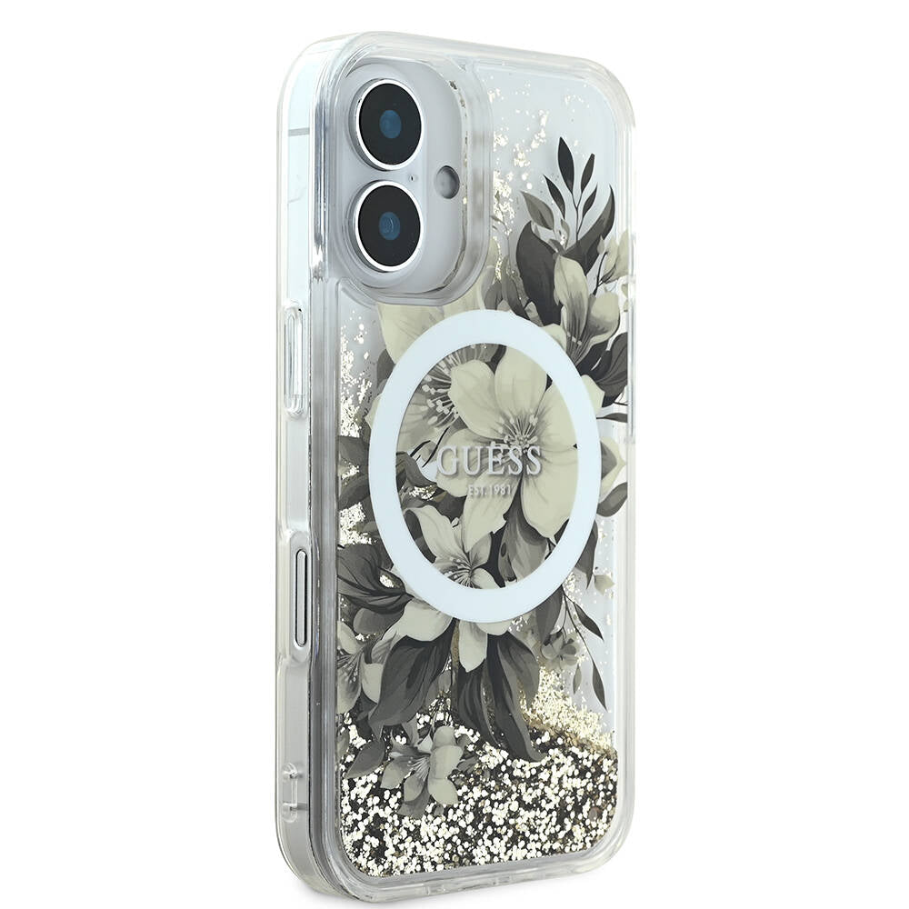 Θήκη MagSafe για Apple iPhone 16, Guess, Liquid Glitter Flower, Μπεζ