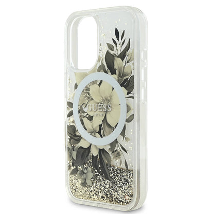 Θήκη MagSafe για Apple iPhone 16, Guess, Liquid Glitter Flower, Μπεζ