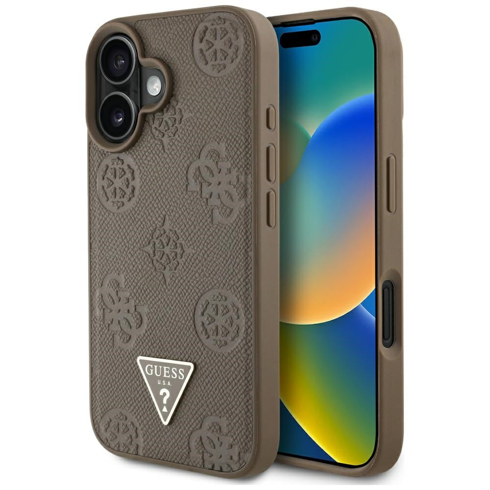MagSafe Case for Apple iPhone 16, Guess, Peony Grained Hot Stamp Triangle, Brown