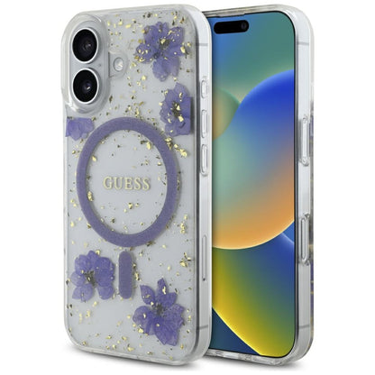 Θήκη MagSafe για Apple iPhone 16, Guess, Resin Flowers and Glitter, Μοβ