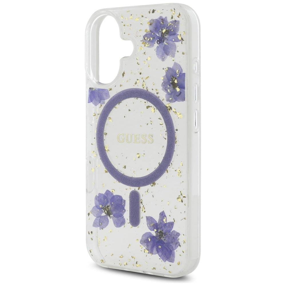 Θήκη MagSafe για Apple iPhone 16, Guess, Resin Flowers and Glitter, Μοβ