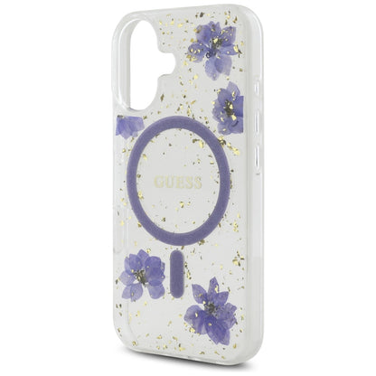Θήκη MagSafe για Apple iPhone 16, Guess, Resin Flowers and Glitter, Μοβ