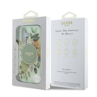 Θήκη MagSafe για Apple iPhone 16 Plus, Guess, IML Flowers with Pearl Strap, Πράσινο