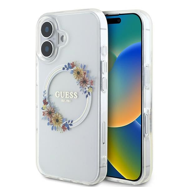 MagSafe Case for Apple iPhone 16 Plus, Guess, IML Flowers Wreath, Transparent