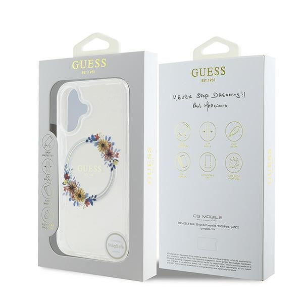 MagSafe Case for Apple iPhone 16 Plus, Guess, IML Flowers Wreath, Transparent
