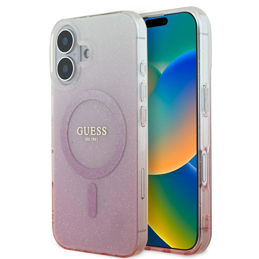 MagSafe Case for Apple iPhone 16 Plus, Guess, IML Glitter Gradient, Pink