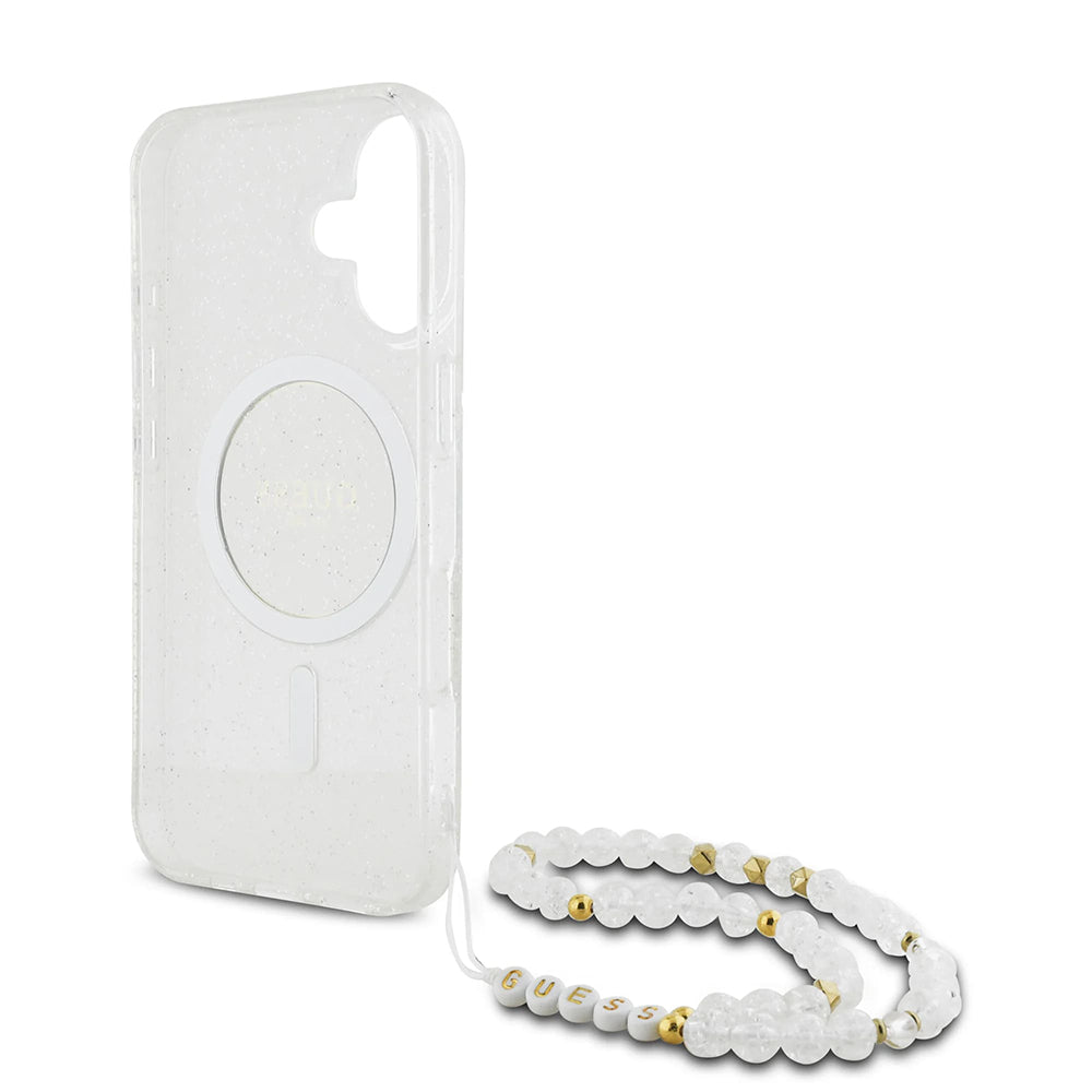 Θήκη MagSafe για Apple iPhone 16 Plus, Guess, IML Glitter με Λουράκι Περλών, Διάφανη