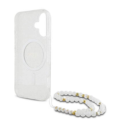 Θήκη MagSafe για Apple iPhone 16 Plus, Guess, IML Glitter με Λουράκι Περλών, Διάφανη