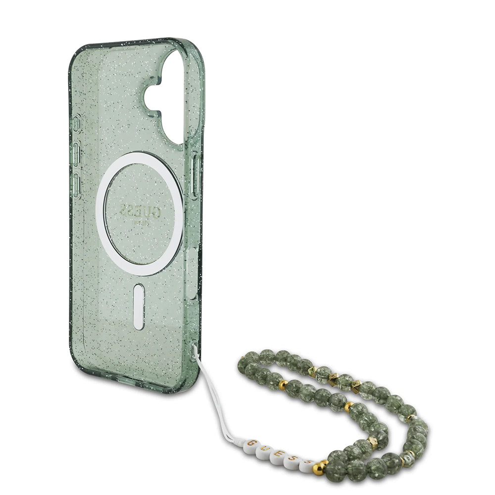 Θήκη MagSafe για Apple iPhone 16 Plus, Guess, IML Glitter με Λουράκι Μαργαριταριού, Πράσινη