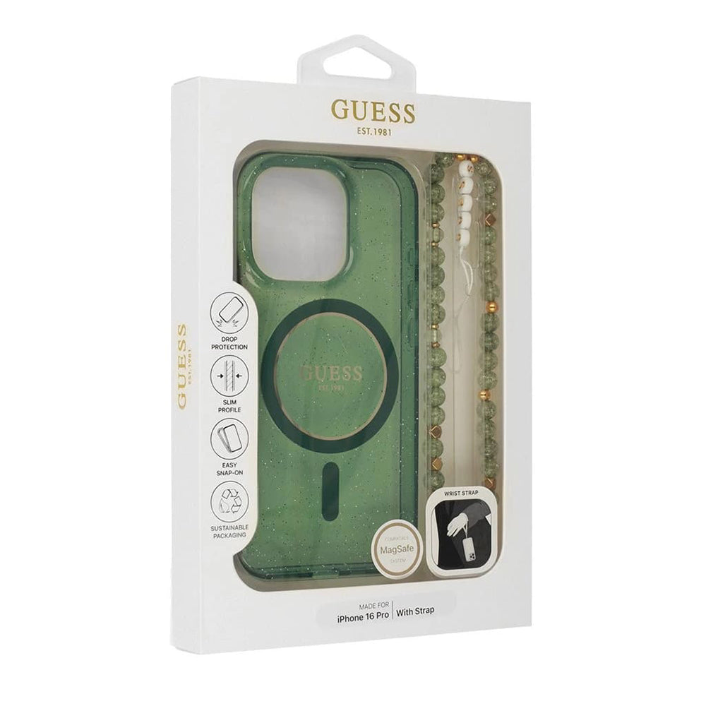 Θήκη MagSafe για Apple iPhone 16 Plus, Guess, IML Glitter με Λουράκι Μαργαριταριού, Πράσινη