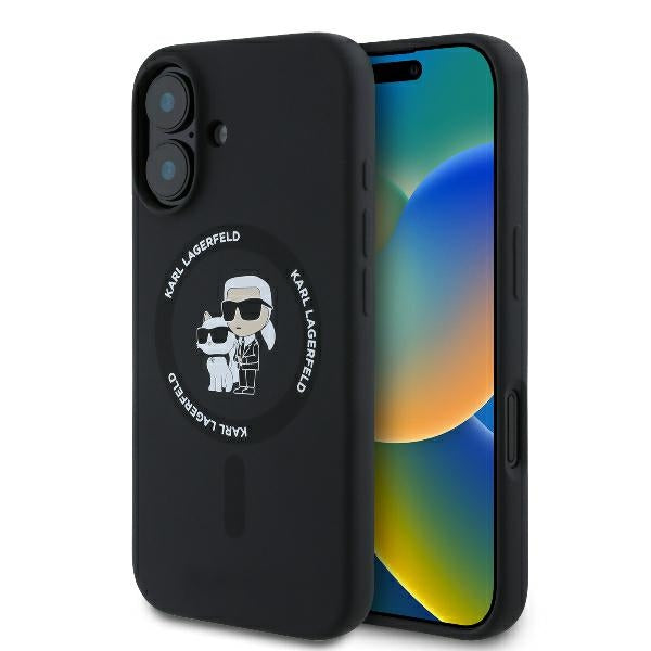 Θήκη MagSafe για Apple iPhone 16 Plus, Karl Lagerfeld, Silicone Ring Karl & Choupette, Μαύρη