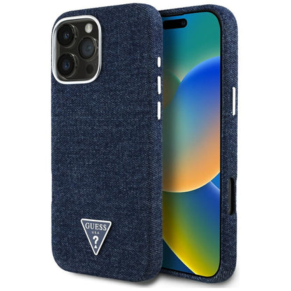 MagSafe Case for Apple iPhone 16 Pro, Guess, Denim Triangle Logo, Blue