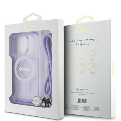 MagSafe Case for Apple iPhone 16 Pro, Guess, IML Crossbody Cord Script, Purple