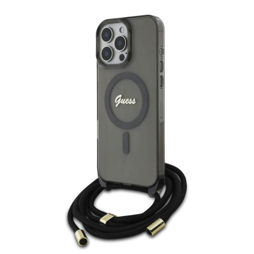 Θήκη MagSafe για Apple iPhone 16 Pro, Guess, IML Crossbody Cord Script, Μαύρη