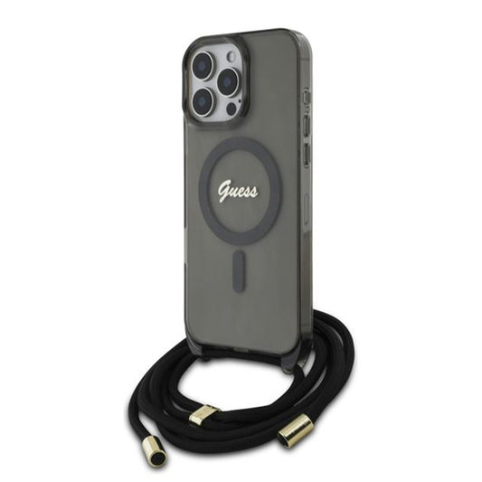 Θήκη MagSafe για Apple iPhone 16 Pro, Guess, IML Crossbody Cord Script, Μαύρη