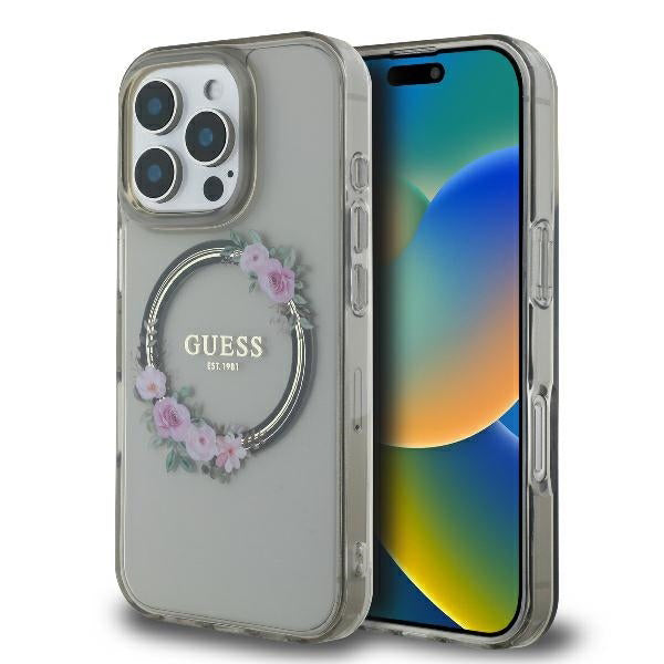 Θήκη MagSafe για Apple iPhone 16 Pro, Guess, IML Flowers Wreath, Μαύρη