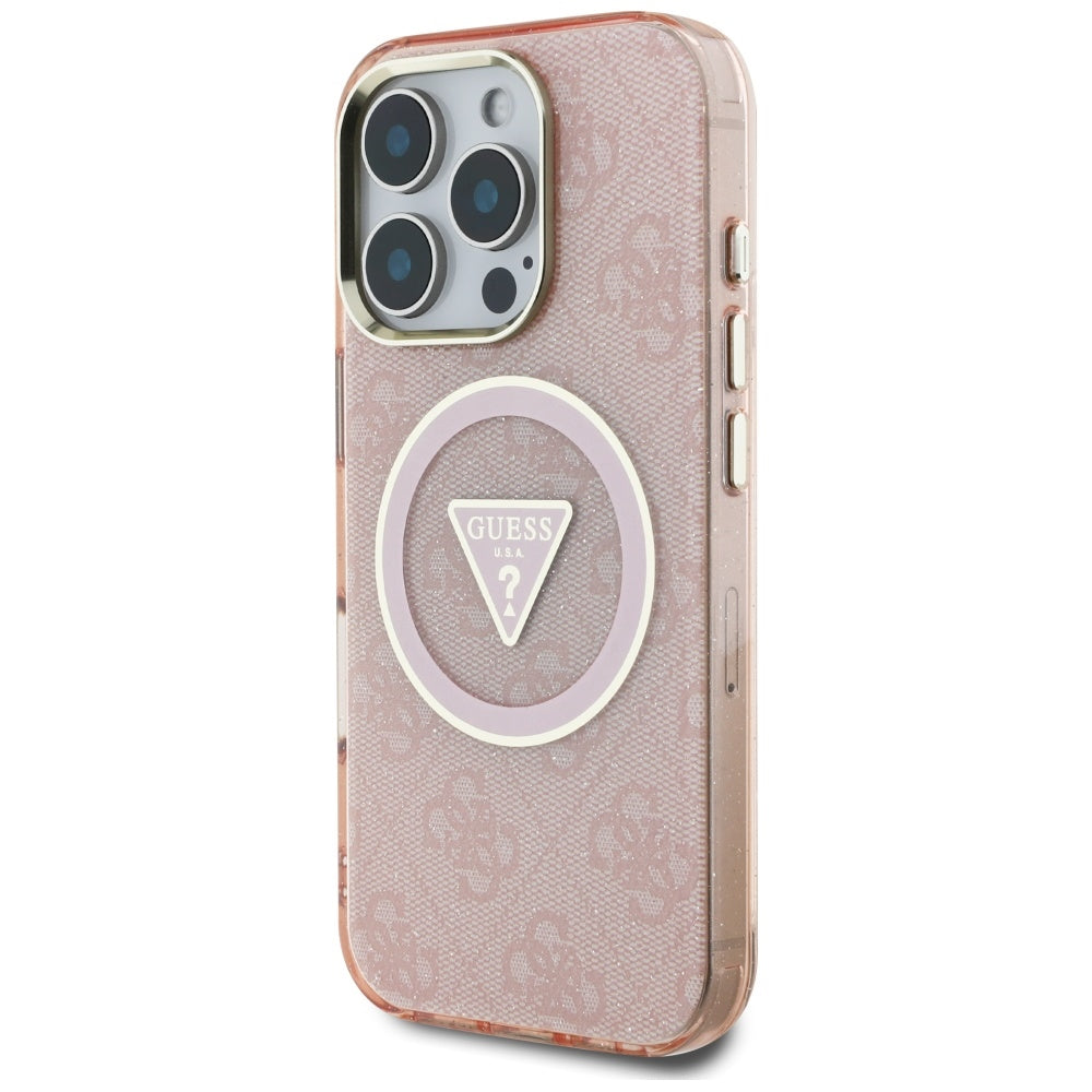 MagSafe Case for Apple iPhone 16 Pro Max, Guess, IML Glitter 4G Circle Triangle, Pink