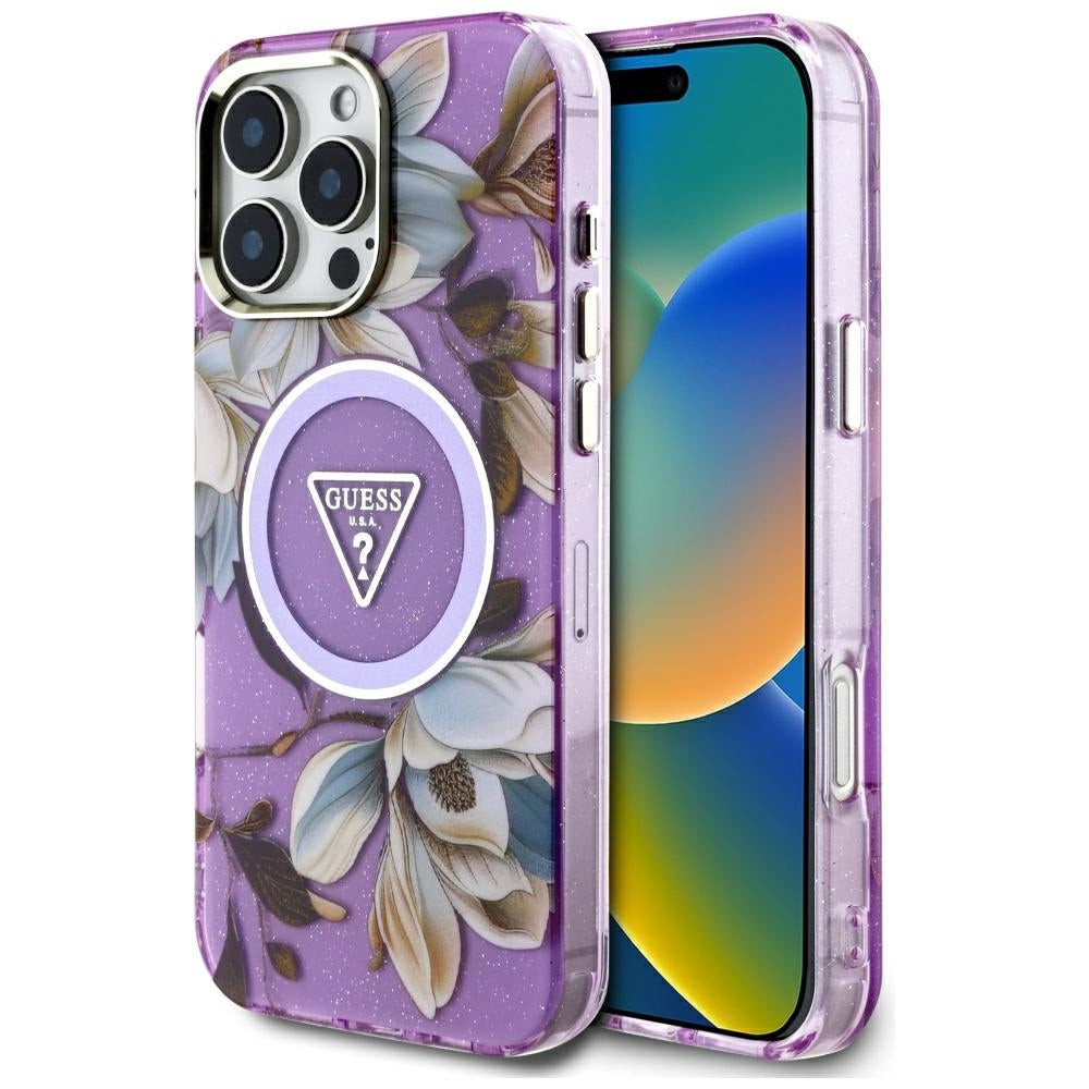 MagSafe Case for Apple iPhone 16 Pro Max, Guess, IML Metal Glitter Flowers Triangle, Purple