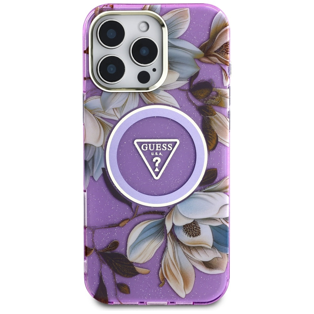 MagSafe Case for Apple iPhone 16 Pro Max, Guess, IML Metal Glitter Flowers Triangle, Purple