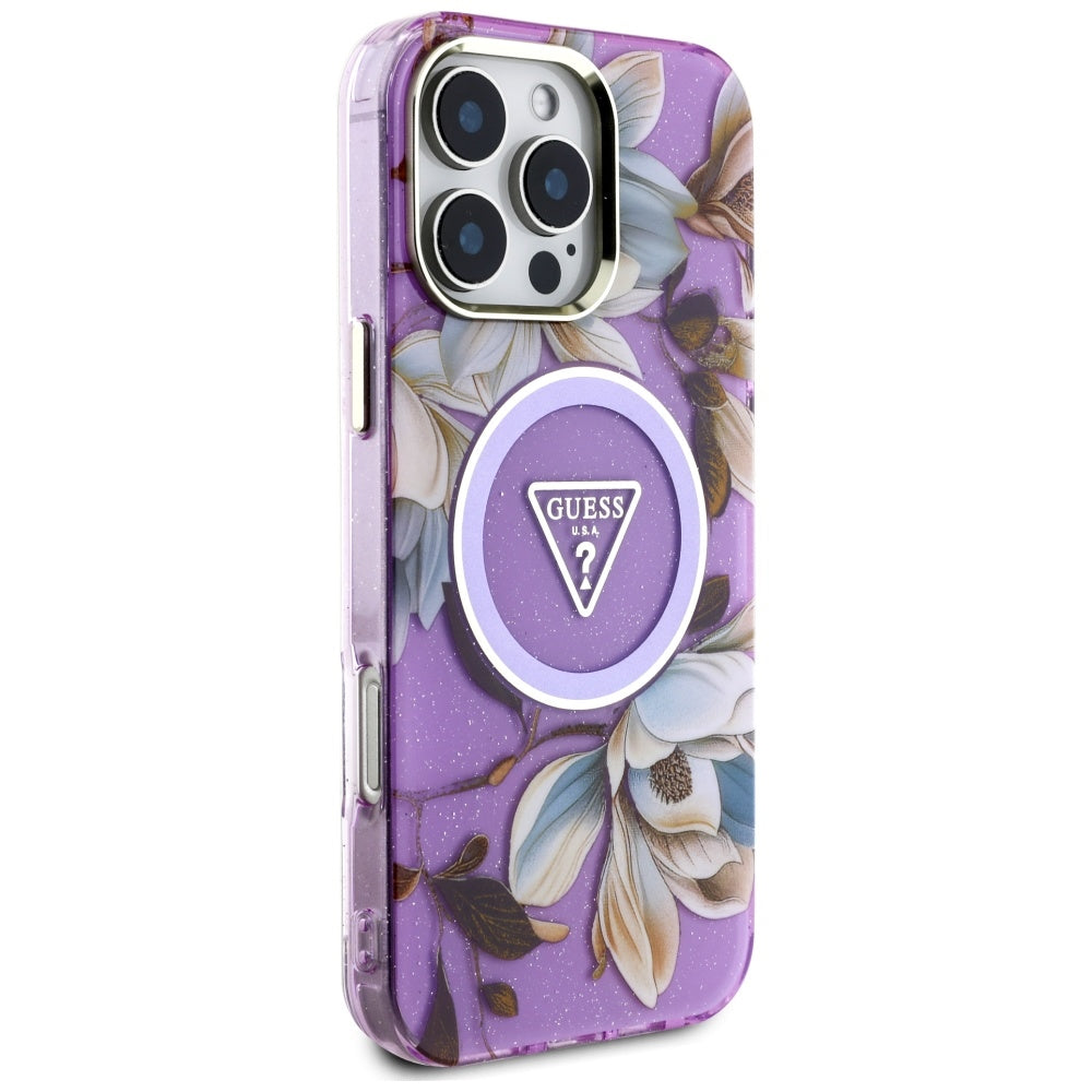 MagSafe Case for Apple iPhone 16 Pro Max, Guess, IML Metal Glitter Flowers Triangle, Purple