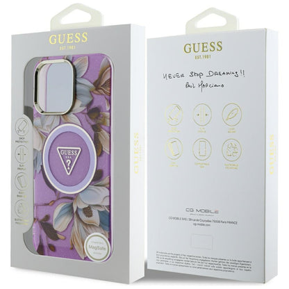 MagSafe Case for Apple iPhone 16 Pro Max, Guess, IML Metal Glitter Flowers Triangle, Purple