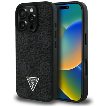 MagSafe Case for Apple iPhone 16 Pro Max, Guess, Peony Grained Hot Stamp Triangle, Black