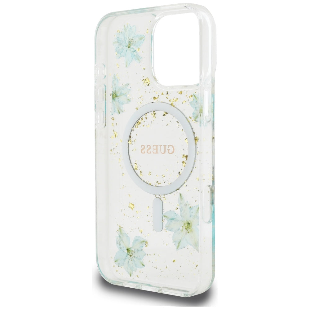 MagSafe Case for Apple iPhone 16 Pro Max, Guess, Resin Flowers and Glitter, Turquoise