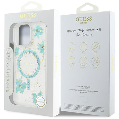 MagSafe Case for Apple iPhone 16 Pro Max, Guess, Resin Flowers and Glitter, Turquoise