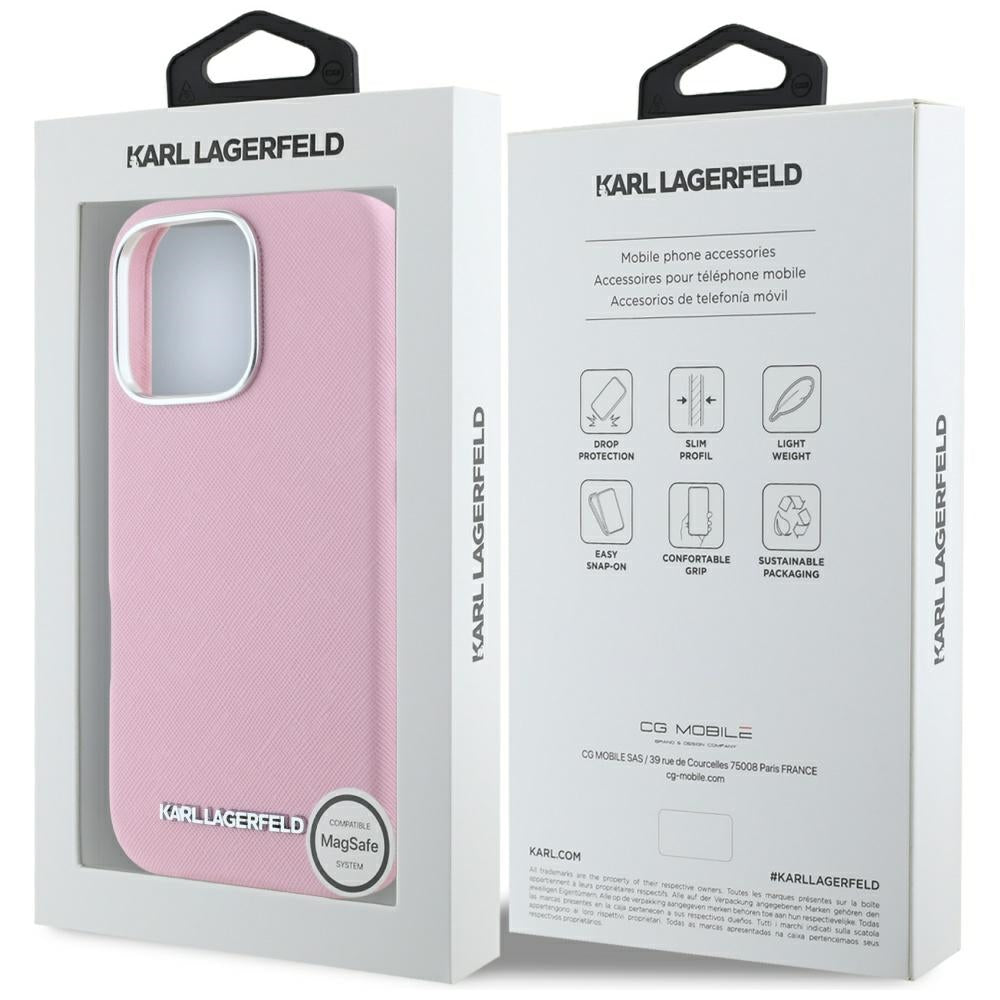 MagSafe Case for Apple iPhone 16 Pro Max, Karl Lagerfeld, Saffiano Full Wrapped Elongated Metal Logo, Pink