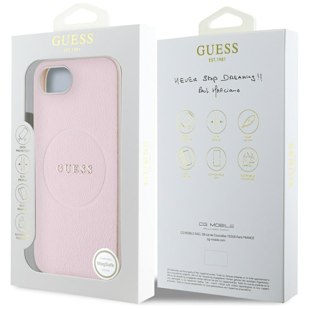 MagSafe Case for Apple iPhone 17e / 16e, Guess, Grained Gold Ring, Pink