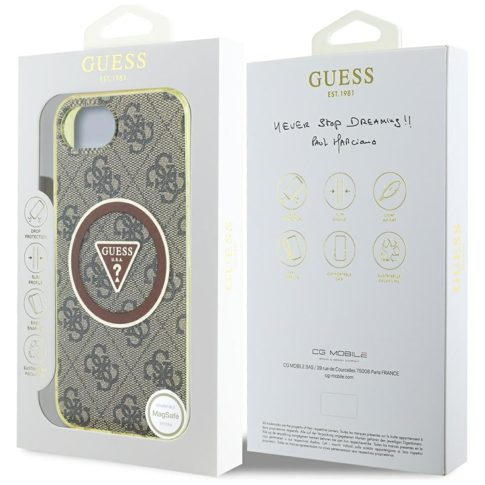 MagSafe Case for Apple iPhone 17e / 16e, Guess, IML Glitter 4G Circle Triangle, Brown