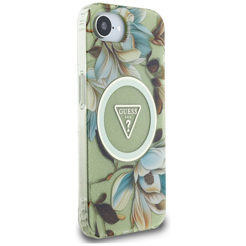 MagSafe Case for Apple iPhone 17e / 16e, Guess, IML Metal Glitter Flowers Triangle, Green