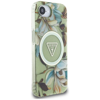 MagSafe Case for Apple iPhone 17e / 16e, Guess, IML Metal Glitter Flowers Triangle, Green