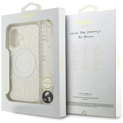 MagSafe Case for Apple iPhone 17, Guess, IML Flowers with Pearl Strap, White
