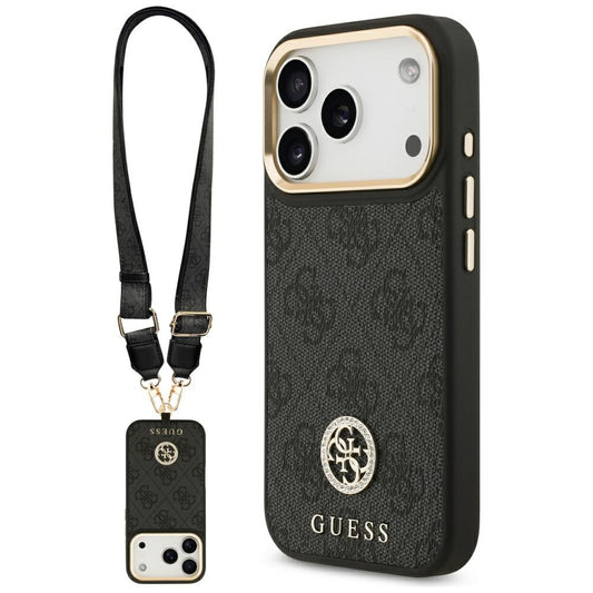 MagSafe Case for Apple iPhone 17 Pro, Guess, 4G Strass Logo with Big Strap, Black