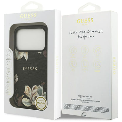 MagSafe Case for Apple iPhone 17 Pro, Guess, Grained Flowers, Black