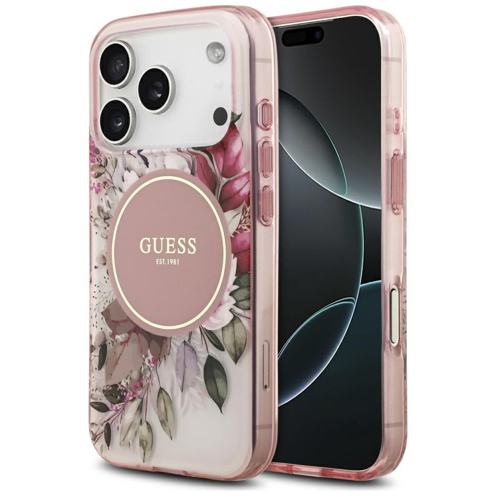 MagSafe Case for Apple iPhone 17 Pro, Guess, IML Flower and Tonal Circle, Pink