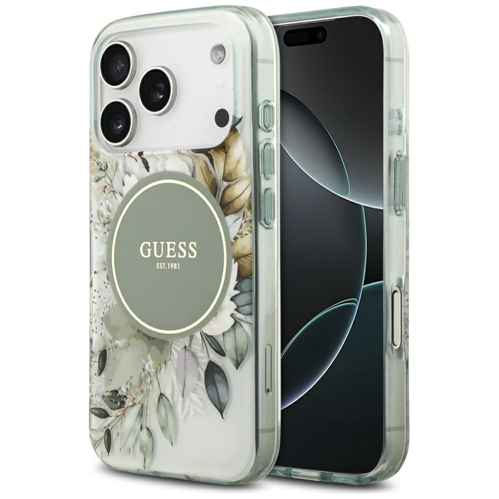 MagSafe Case for Apple iPhone 17 Pro, Guess, IML Flower and Tonal Circle, Green