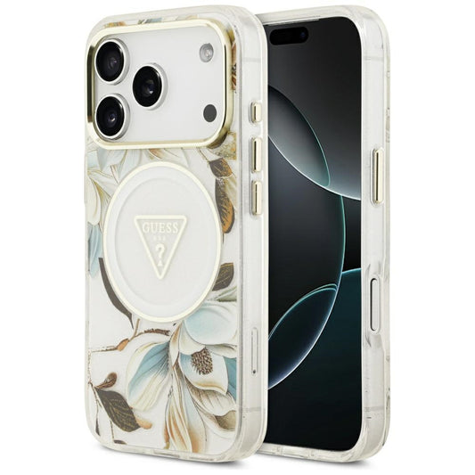 Θήκη MagSafe για Apple iPhone 17 Pro, Guess, IML Metal Glitter Flowers Triangle, Λευκή