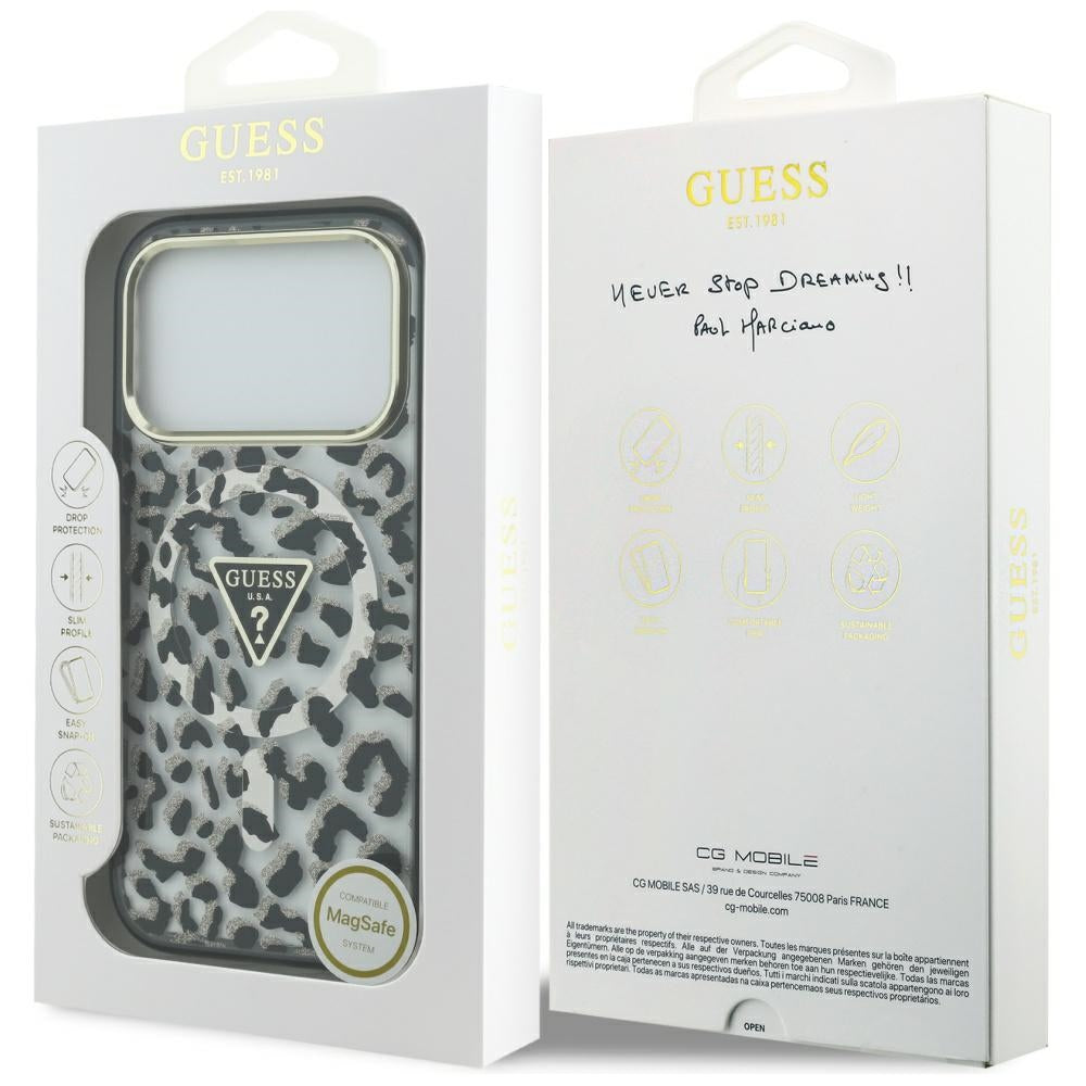 MagSafe Case for Apple iPhone 17 Pro, Guess, Leopard Glitter, Black