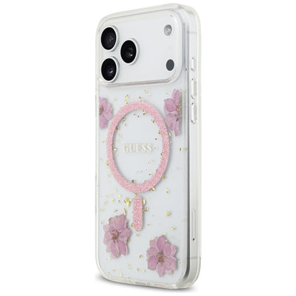MagSafe Case for Apple iPhone 17 Pro, Guess, Resin Flowers and Glitter, Pink