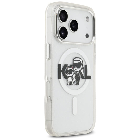 MagSafe Case for Apple iPhone 17 Pro, Karl Lagerfeld, IML Sketch Logo Glitter Karl & Choupette, Transparent