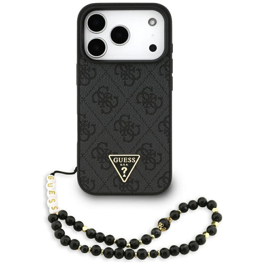 MagSafe Case for Apple iPhone 17 Pro Max, Guess, 4G Triangle Logo with Cord Strap, Black