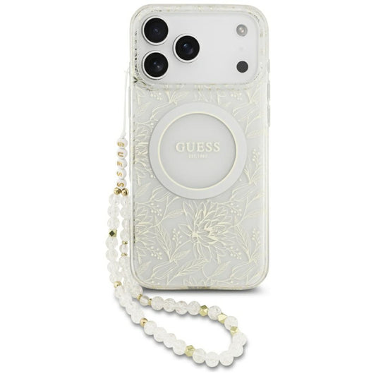 MagSafe Case for Apple iPhone 17 Pro Max, Guess, IML Flowers Allover Electroplated with Pearl Strap, White