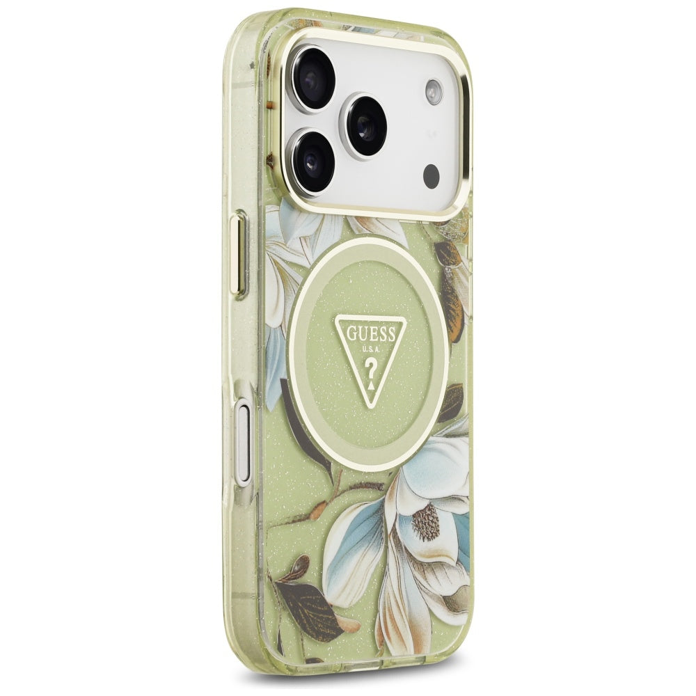 Θήκη MagSafe για Apple iPhone 17 Pro Max, Guess, IML Metal Glitter Flowers Triangle, Πράσινο