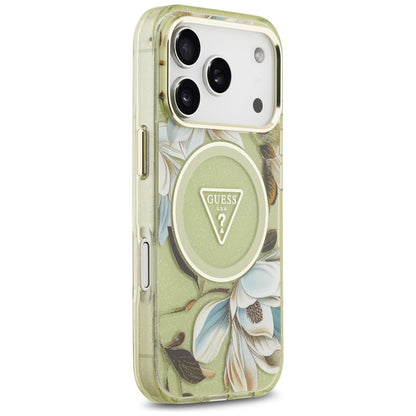 Θήκη MagSafe για Apple iPhone 17 Pro Max, Guess, IML Metal Glitter Flowers Triangle, Πράσινο