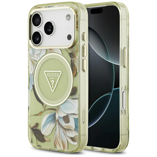 Θήκη MagSafe για Apple iPhone 17 Pro Max, Guess, IML Metal Glitter Flowers Triangle, Πράσινο